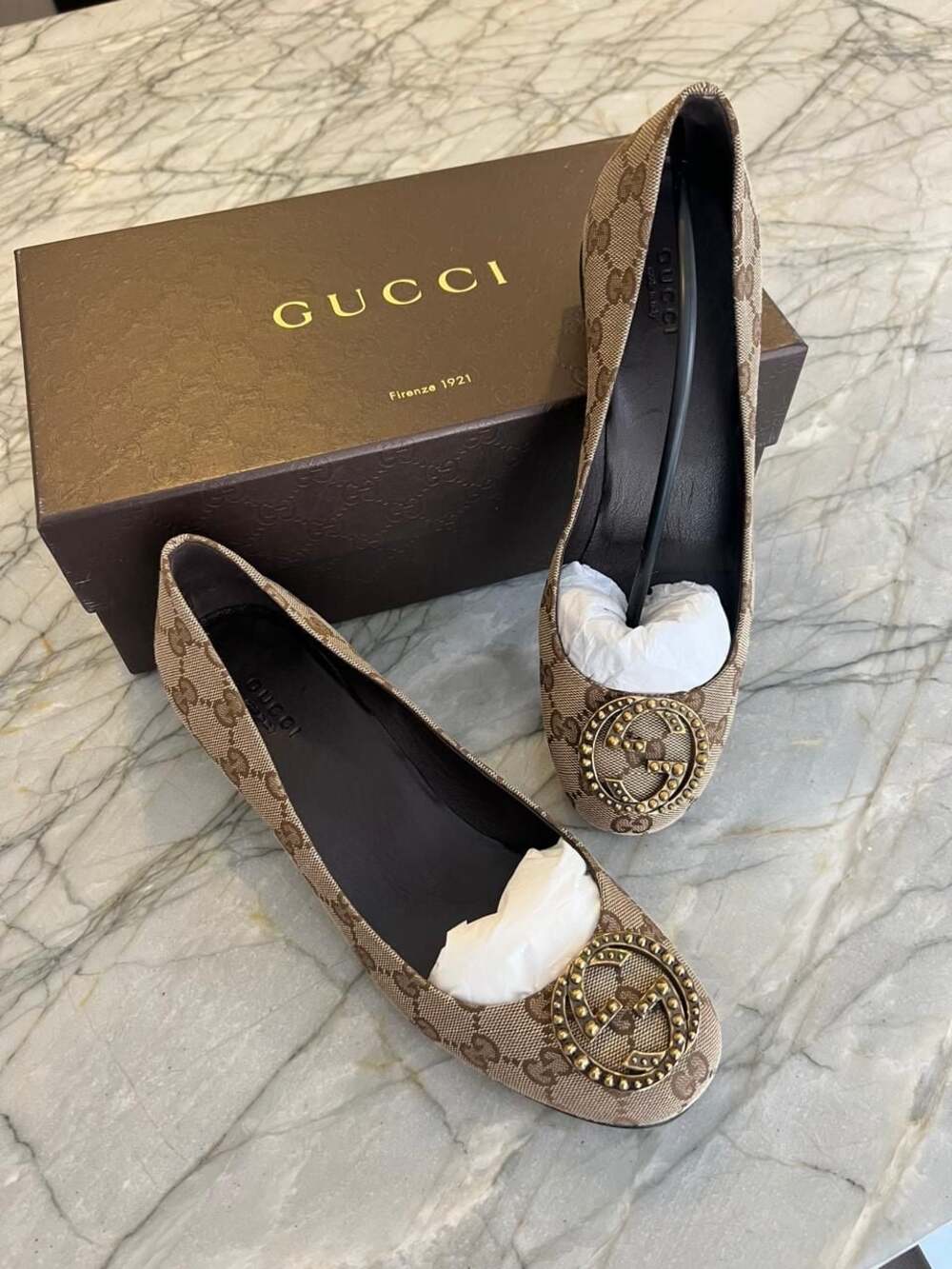 Gucci GG Canvas Interlocking G Studded Medallion Block Heel Pumps
